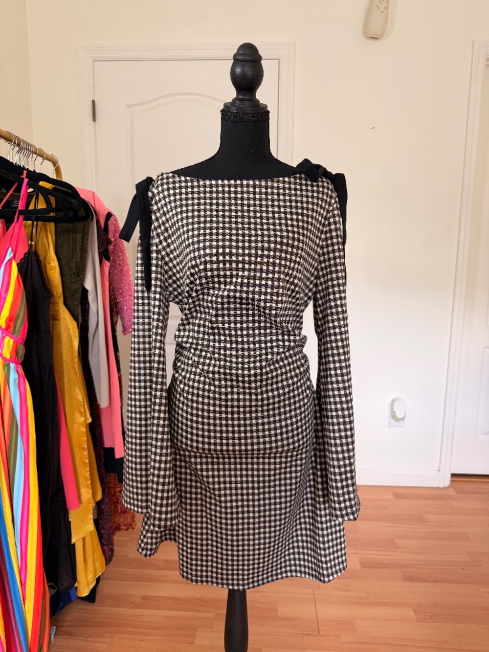 CIDER Gingham Bowknot Ruched Mini Dress Black White Long Sleeve 1XL NWT